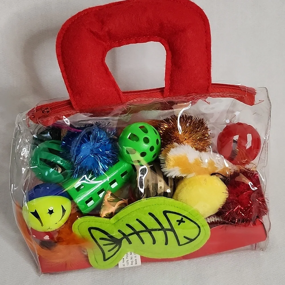 NWOT Suitcase of 20 Cat Toys with Bowls